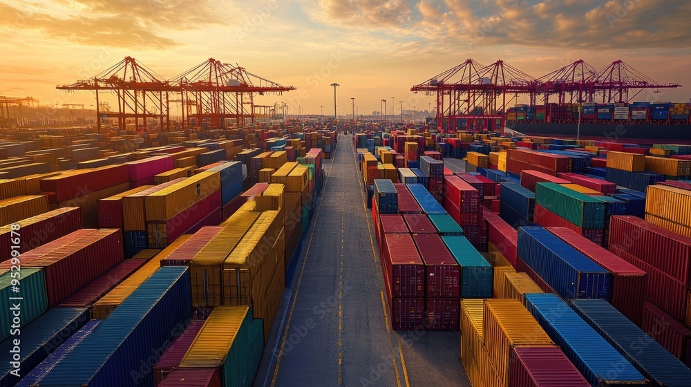 Poster stacks of colorful shipping containers line a busy port at golden hour, with cranes in the backgroun