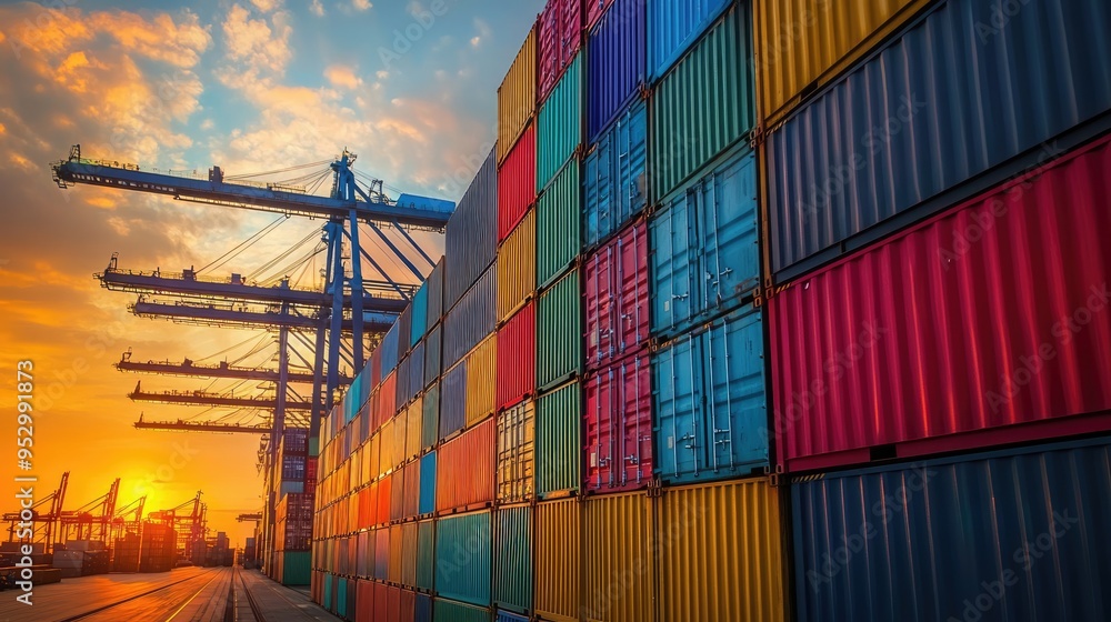 Poster stacks of multi-colored shipping containers in a port, with cranes in the background, illuminated by