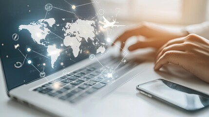 A person typing on a laptop with a world map and travel icons overlay.