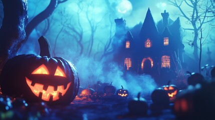 Spooky Halloween scene with pumpkins and a haunted house