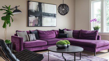Modern living room with a plum-colored sectional sofa, beige walls, and black accents.