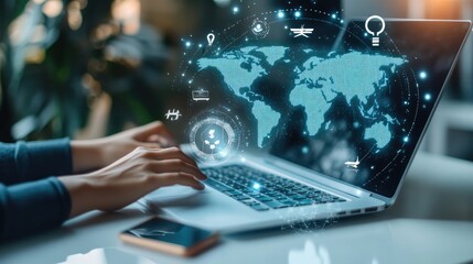 Hands typing on a laptop with a digital world map and icons representing connectivity.