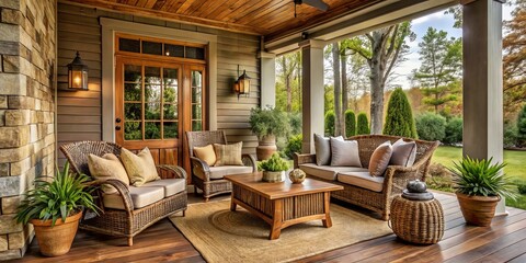 Fototapeta premium Front porch furniture farmhouse rustic wood tone wicker style relaxed mood earthy tone concept comfortable seating