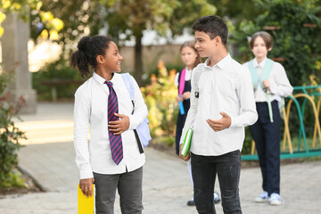 Obraz premium Group of happy pupils before school outdoors