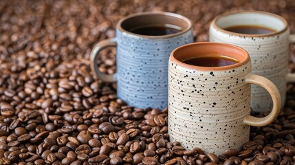 Three mugs of coffee on a bed of coffee beans.