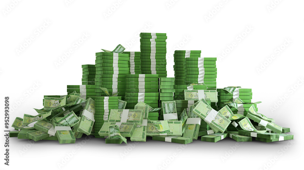 Poster big stack of myanmar kyat notes. a lot of money isolated on transparent background. 3d rendering of 