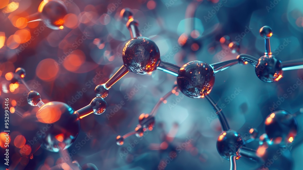 Poster abstract molecular structure with blurred bokeh lights