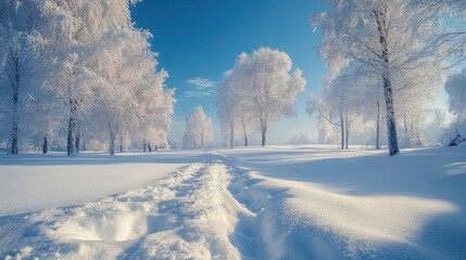 Ice-cold landscape with snow-covered ground, frosty trees, and a clear winter sky, creating a serene winter scene, Serene, Cool Tones, Wide Angle