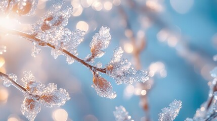 Ice-covered branches glistening in the morning sun, with delicate ice crystals creating a magical effect, Detailed, Cool Tones, Macro