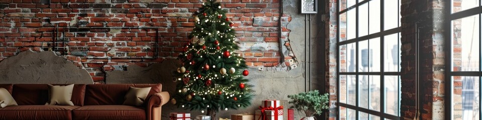 Festive Winter Decor Featuring a Christmas Tree in a Loft with Exposed Brick Wall