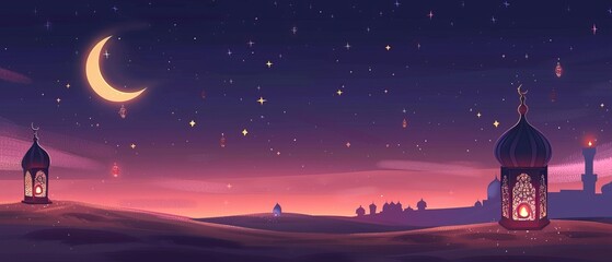 Naklejka premium Silhouettes of Mosques Against a Starry Night Sky with Crescent Moon