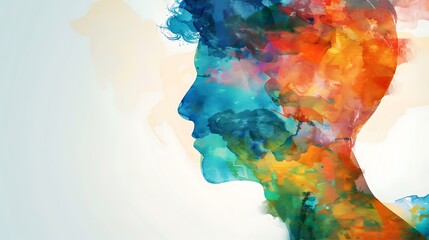 A colorful silhouette of a human head filled with vibrant abstract shapes, symbolizing creativity and thought.
