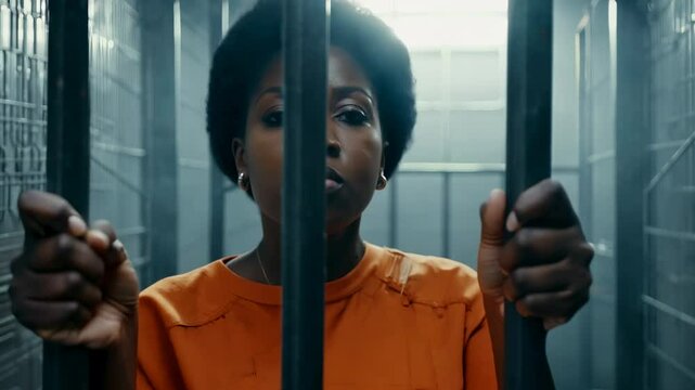 African American female prisoner in an orange uniform against a background of metal bars looks at the camera. The criminal serves his sentence in a prison cell. FHD video.