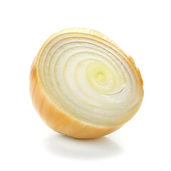 Close up of a cut onion with visible layers, isolated on a pure white background