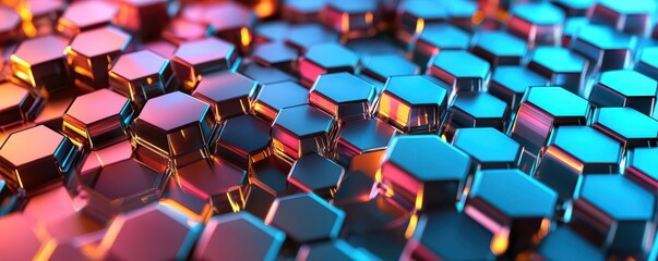Obraz premium 3D hexagonal matrix, abstract geometric texture, side view, detailed structure, cybernetic tone, vivid colors
