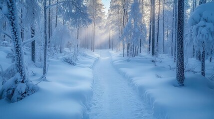 Naklejka premium Snow-covered hiking trail winding through a snow-covered forest, with frosty trees lining the way, creating a serene winter landscape, Serene, Cool Tones, Wide Angle