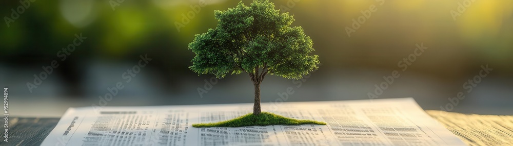 Wall mural a green tree growing from the pages of a financial report