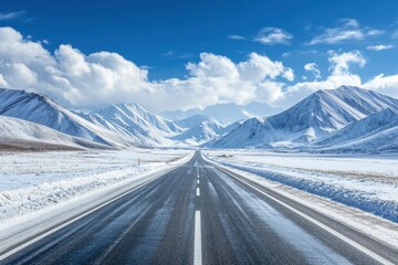 Straight asphalt highway road and snow mountains with sky clouds natural landscape. car background , ai