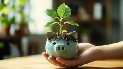A hand holding a plant sprouting from a piggy bank, embodying the concept of sustainable financial investments focus on, eco-investment, whimsical, fusion, wooden desk