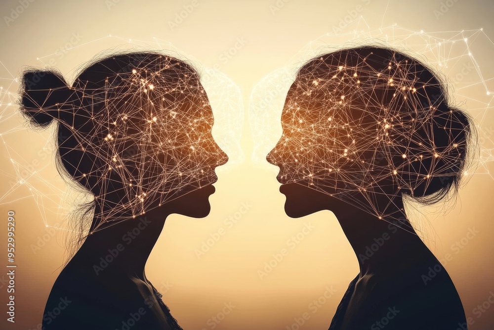 Poster dual female profiles with digital brain patterns symbolizing cognitive synergy emotional connection 