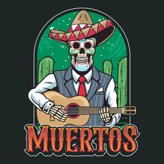 Day of the Dead Mexican Calavera sombrero Skulls Holiday vector hand drawn cartoon illustration for sticker, badge, patch, banner, greeting card, invitation