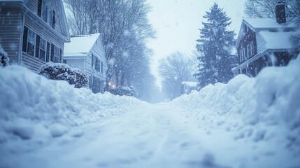 Fototapeta premium Snowdrifts piling up against houses and trees, with snow falling softly and creating a peaceful winter scene, Serene, Cool Tones, Wide Angle