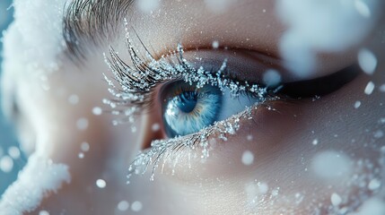 Snowflakes on eyelashes, captured in close-up detail, with a snowy background creating a magical effect, Detailed, Cool Tones, Macro