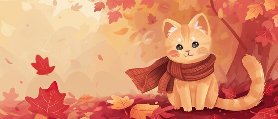 Cute Orange Cat Wearing a Scarf in Autumn Leaves