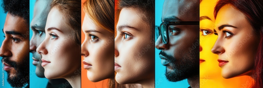 Aufkleber faces of diverse individuals highlight the theme of division and bias, featuring bold colors and con