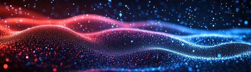 Fototapeta premium Digital holographic particles in red and blue, technology tone, Analogous Color Scheme, advanced tech visuals, front view, seamless transition of particles in digital art