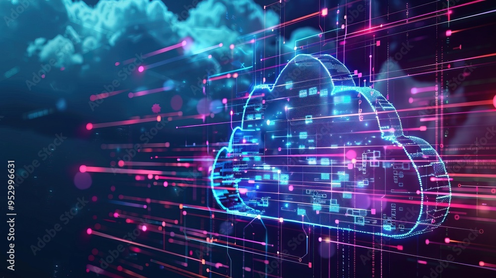 Poster abstract digital cloud computing concept with neon lights and circuitry