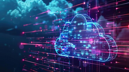 Abstract Digital Cloud Computing Concept with Neon Lights and Circuitry