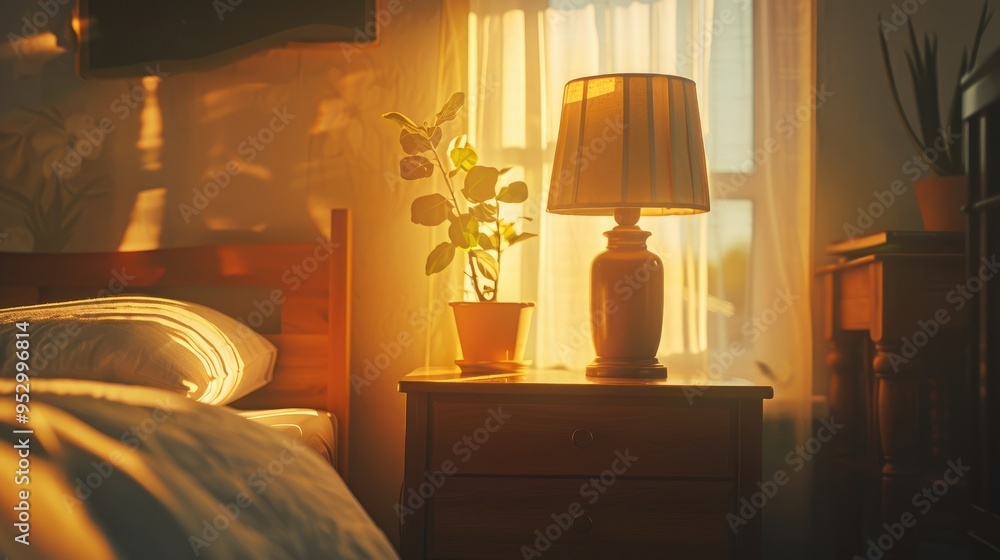 Poster detailed view of a bedroom featuring an empty bedside table and a reading lamp.
