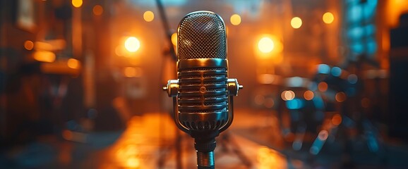 Vintage microphone on stage with bokeh lights.