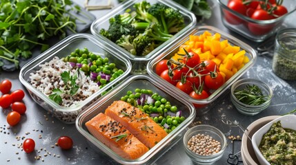 Healthy Meal Prep with Fresh Vegetables, Grilled Salmon, and Rice in Glass Containers on a Rustic Table