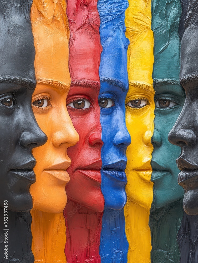 Poster brightly colored faces display diversity and differences, separated by a barrier that emphasizes div