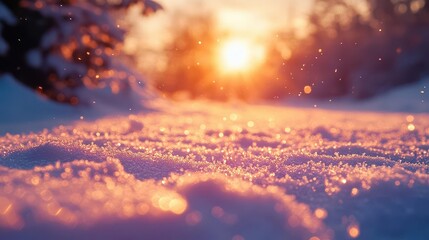 Fototapeta premium Winter sunrise casting a warm glow over a snow-covered landscape, with frost glittering on the ground, Serene, Warm Tones, Wide Shot