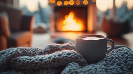 Winter warmth indoors with a cozy fire, soft blankets, and a warm drink, capturing the essence of winter relaxation, Cozy, Warm Glow, Detailed