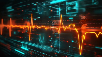 Glowing heartbeat monitor, neon pulse lines, futuristic holographic interface, high-tech background