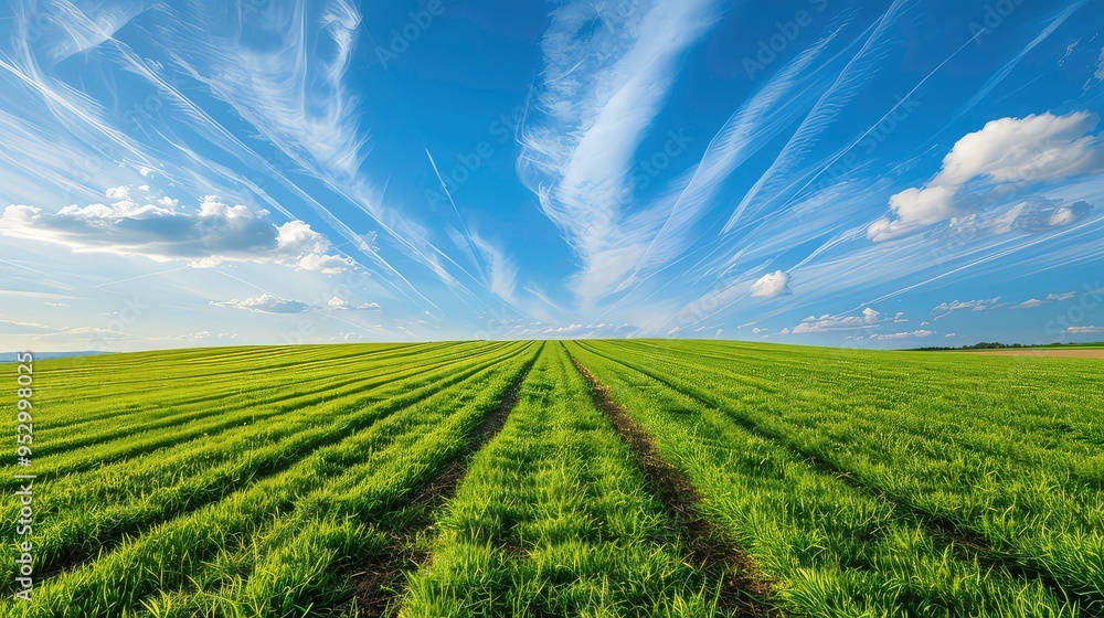 Poster a field of lush green grass with two dirt paths running through the middle, under a blue sky with wh