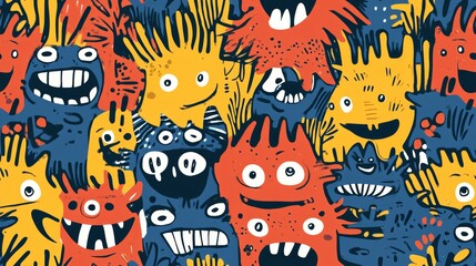 Colorful Seamless Pattern of Monster Doodles with Playful and Whimsical Characters in Vibrant Colors