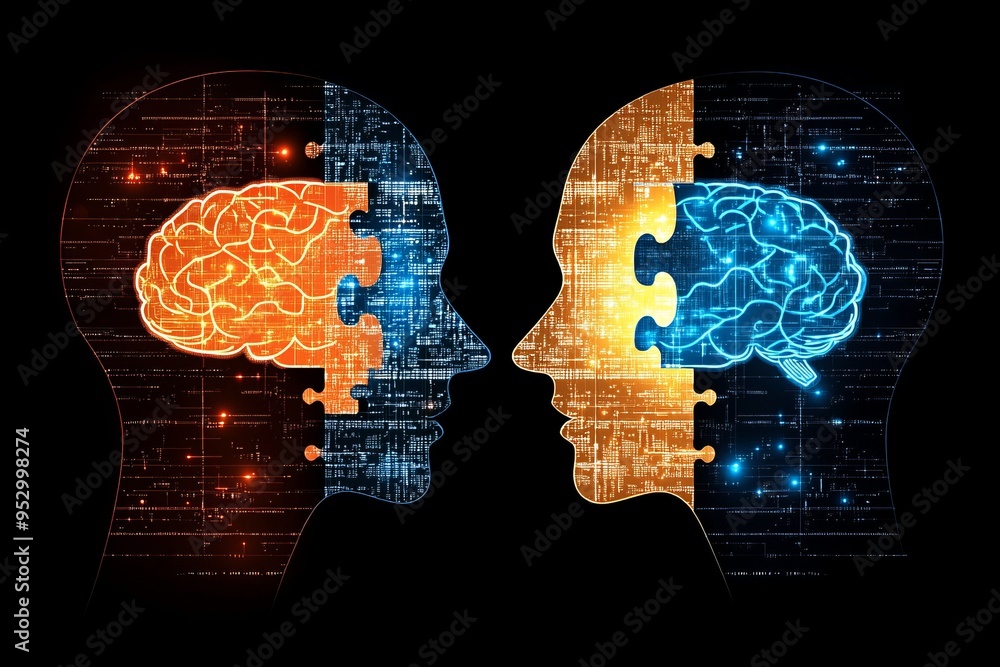 Poster digital illustration of dual profiles with puzzle brain patterns illustrating the interconnectedness