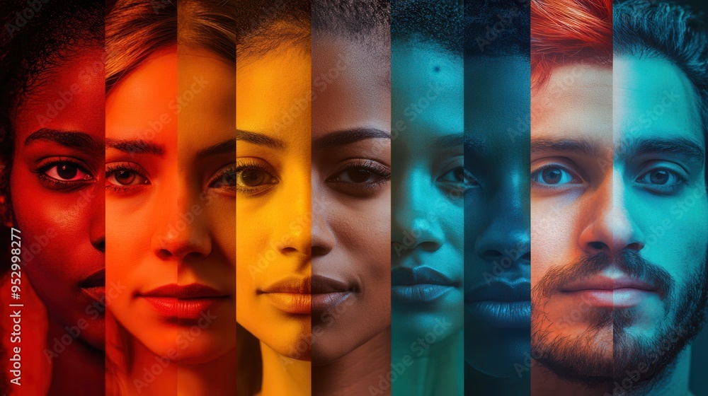 Poster diverse individuals are presented in vivid colors, emphasizing distinctions and biases, separated by