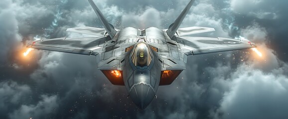 Naklejka premium Military fighter jet with afterburners flying through clouds.