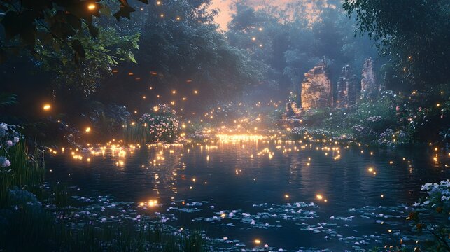 Glowing pond in a magical forest clearing with fireflies and ancient ruins at twilight Fairy tale-inspired with glowing elements soft mystical lighting and 3D-rendered enchanted flora