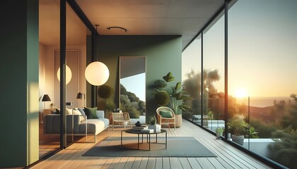 interior of a hotel, modern terrace near a large mirror on a green wall, a large lamp hangs from the ceiling. Scandinavian modern living room interior design. sunset, create whit A.I