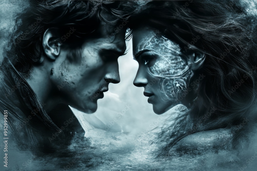 Poster intense emotional connection between a man and woman with ethereal brains emphasizing the deep bond 