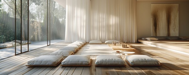 Modern Minimalist Zen Living Room with Natural Light and Wooden Flooring