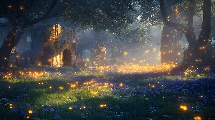 Magical forest clearing at twilight with glowing elements fireflies and ancient stone ruins Fairy tale-inspired with soft mystical lighting and 3D-rendered enchanted flora