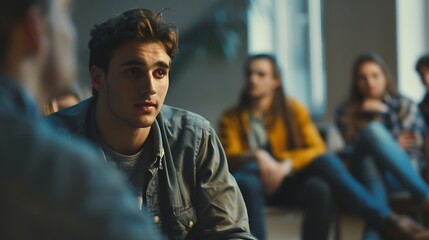 A group discussion with a young man engaged in conversation, surrounded by attentive peers.